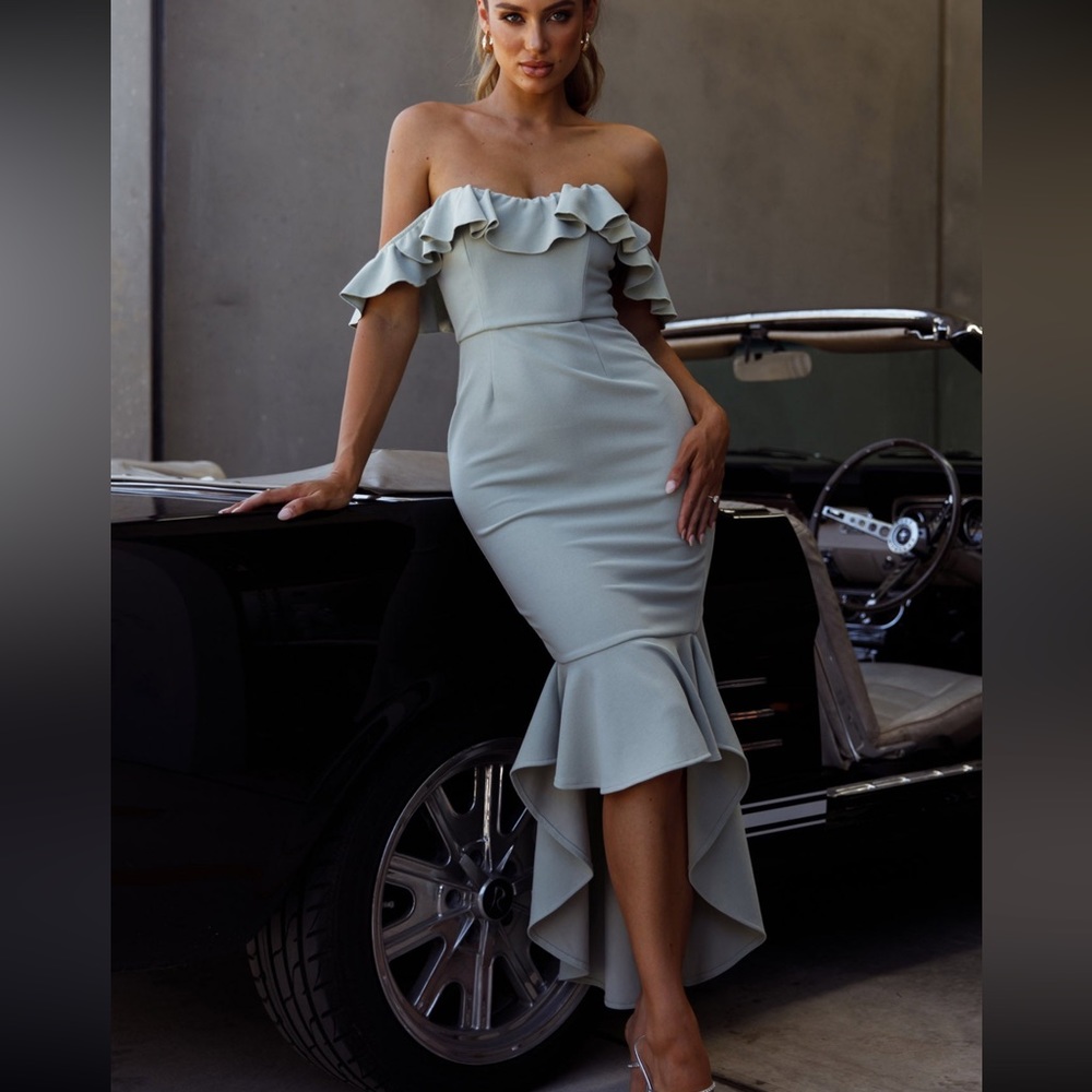 Selfie Leslie - CLOUD 9 BARDOT NECKLINE CORSET BACK DRESS SAGE
